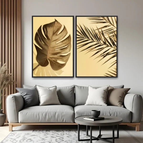 Quadro Folhas em Tons Dourados kit duas telas