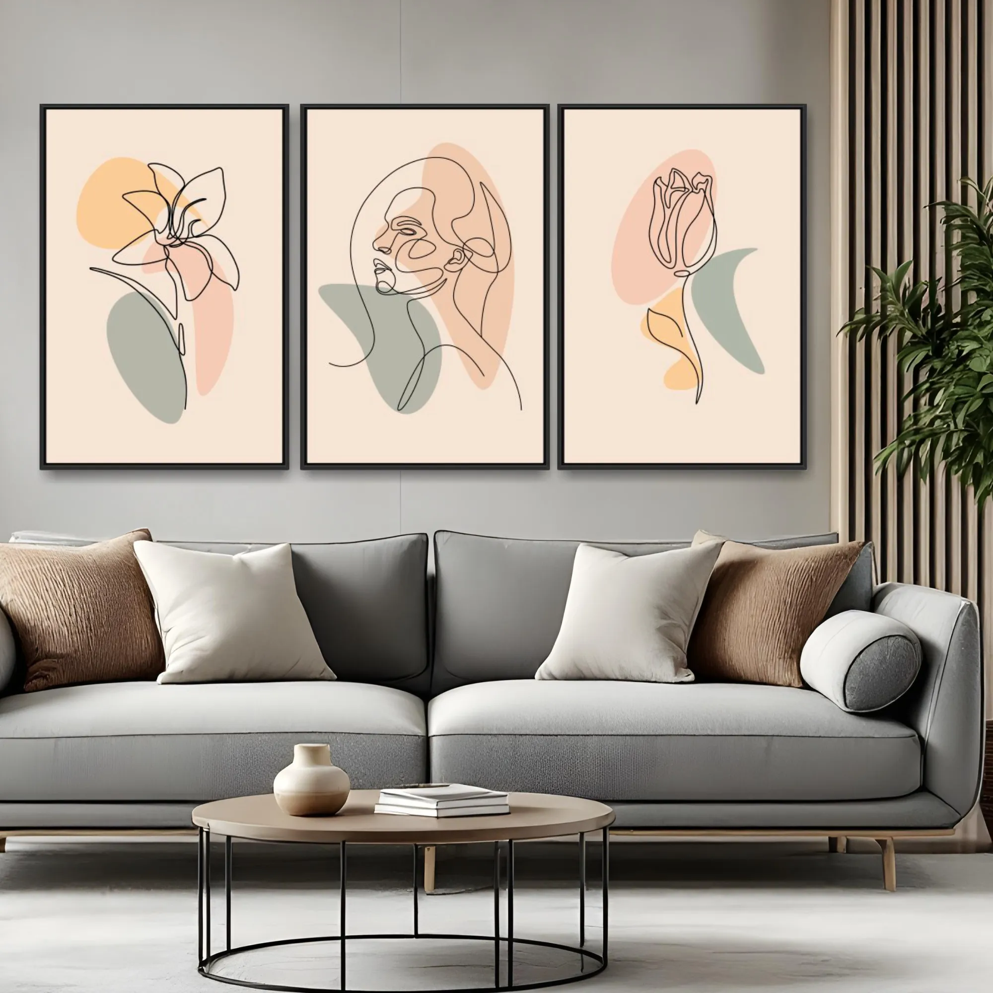 Quadro Desenho Linear Tons Pasteis kit três telas