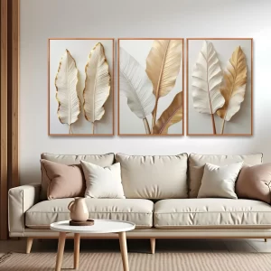 Quadro Folhagens Soft Gold kit três telas