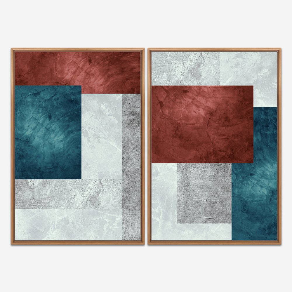 Quadro Abstrato Quadrados Texturas Azul e Vermelho kit duas telas - Imagem 6