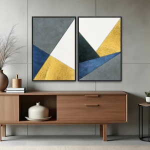 Quadro Abstrato Geométrico Texturas Azul e Dourado por Gabriel Mauro kit duas telas