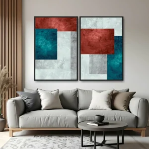 Quadro Abstrato Quadrados Texturas Azul e Vermelho kit duas telas