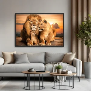 Quadro Família de Leões um Filho Pôr do Sol