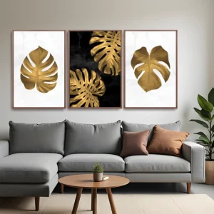 Quadro Folhas Douradas Contraste kit três telas