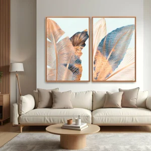 Quadro Folhas Gold Slim kit duas telas