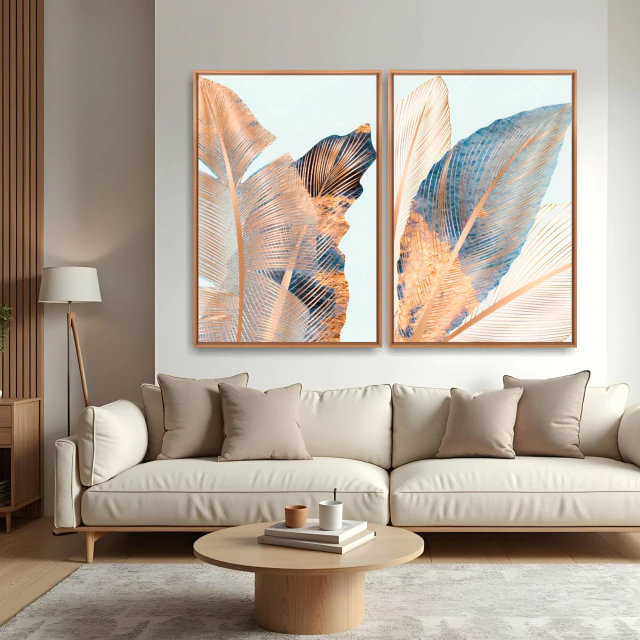 Quadro Folhas Gold Slim kit duas telas