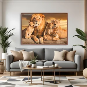 Quadro Família de Leões e Três Filhos Pôr do Sol